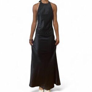 Dessy Collection Brown Halter Neck Beaded Drop Waist Formal Maxi Dress Size 4